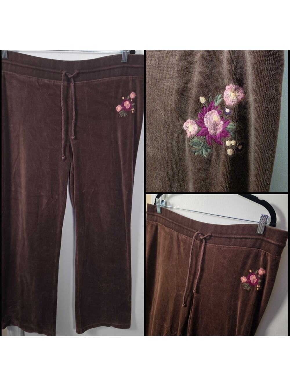 Vintage Womens Embroidered Brown Cotton Flare Velour Jogger Sweatpants Sz XL Y2K